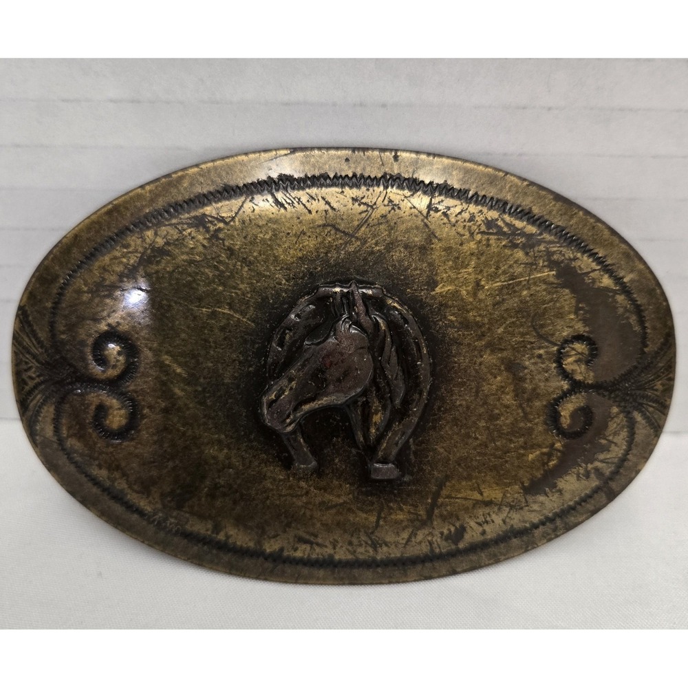 Vtg Western Ova Belt Buckle Gold Tone Horse Head & Horseshoe Motif  3.75" X 2.5"